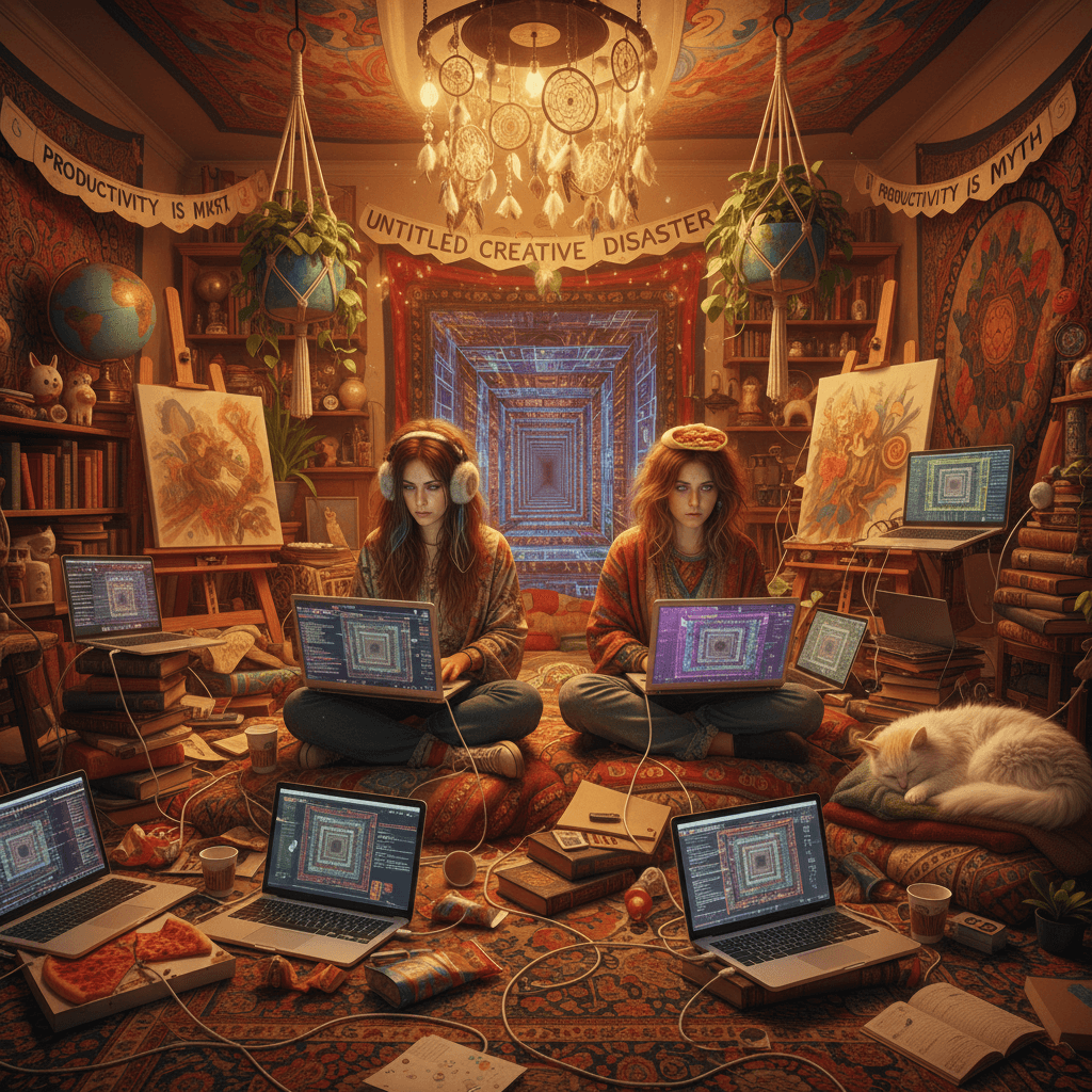 two women, two laptops, infinite chaos in one bohemian room