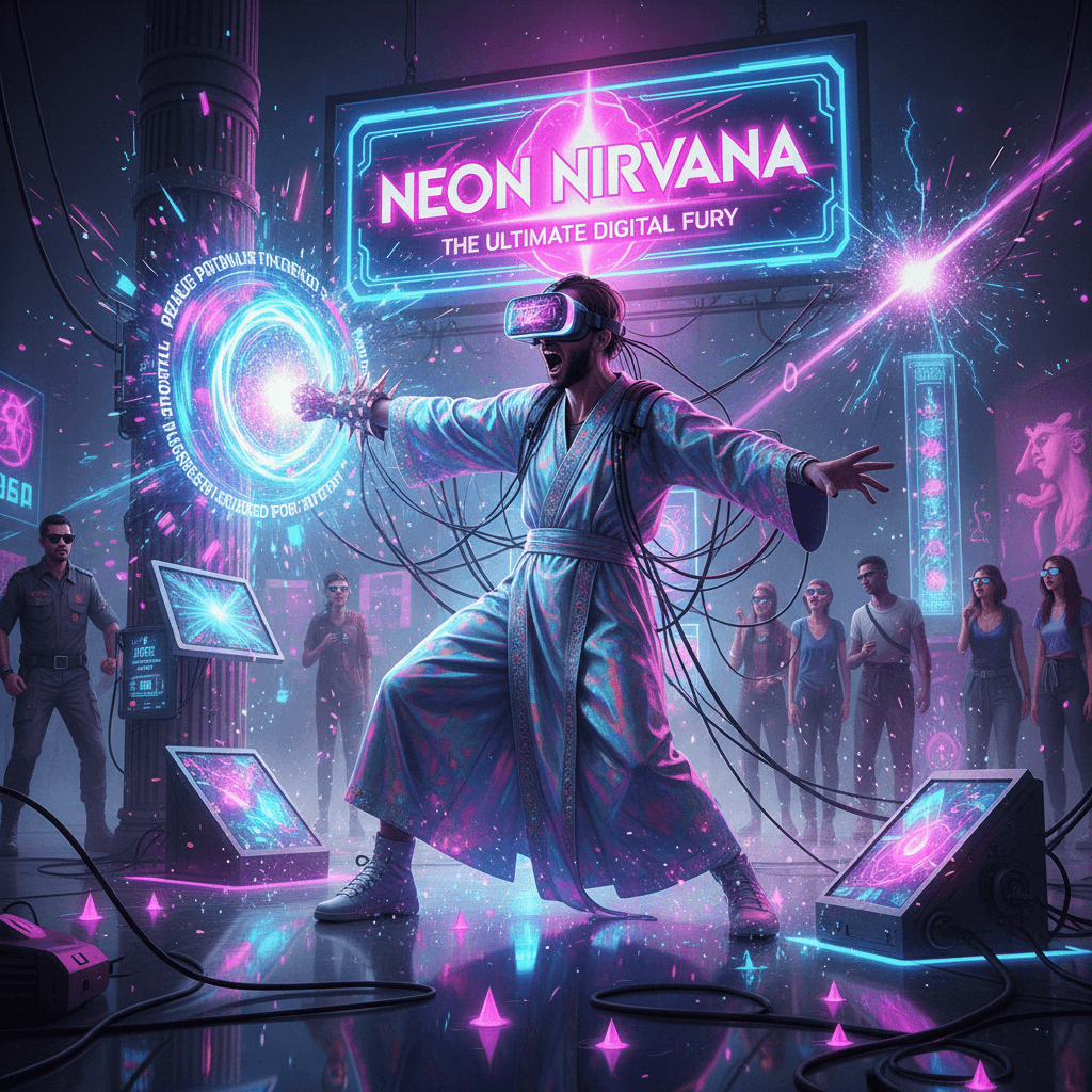 Man achieves inner peace through aggressive neon city exhibit interaction