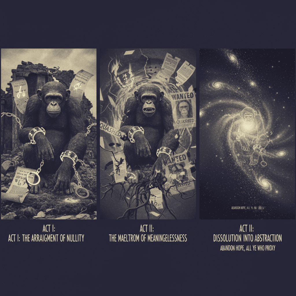 abandoned ape gets warrants, existentially spirals in three acts