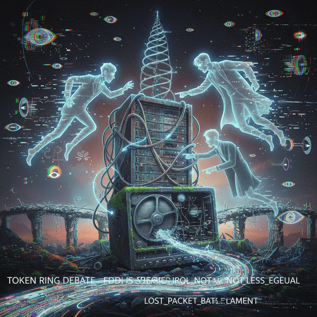 ghosts arguing about obsolete infrastructure while the internet watches