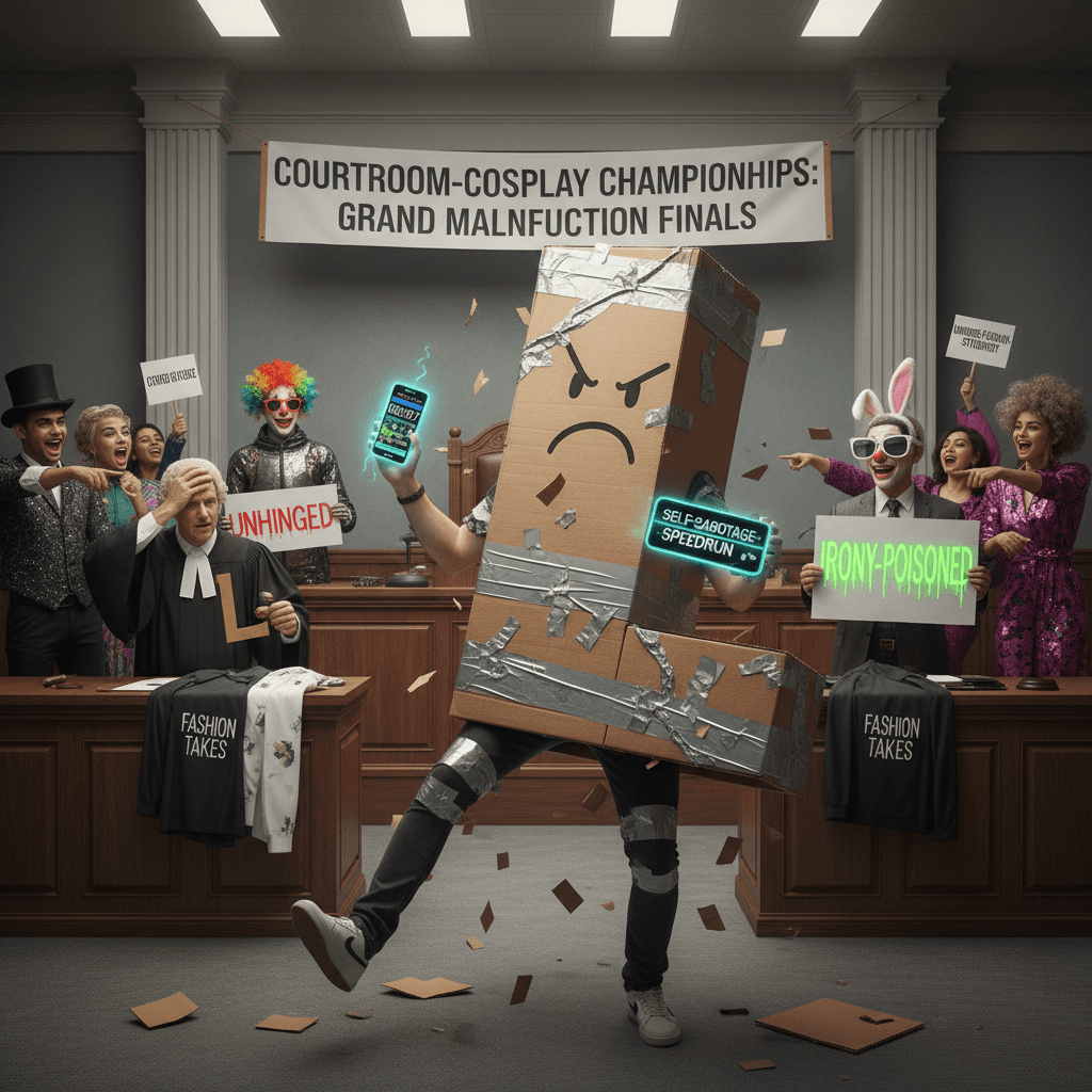 man dresses as accused crime to plead innocence, fashion takes L