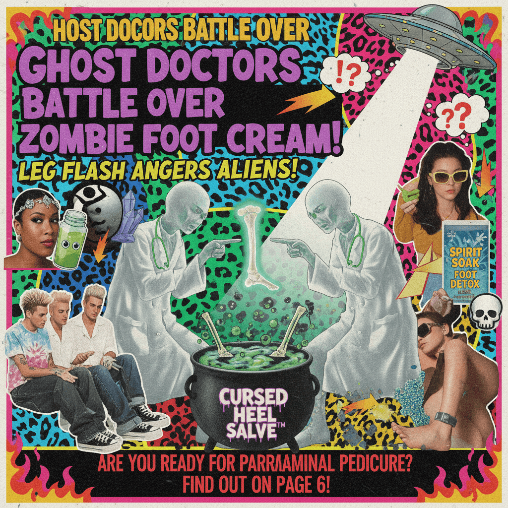 Ghostly podiatrists debate haunted heel salve; leg exposure causes celestial controversy