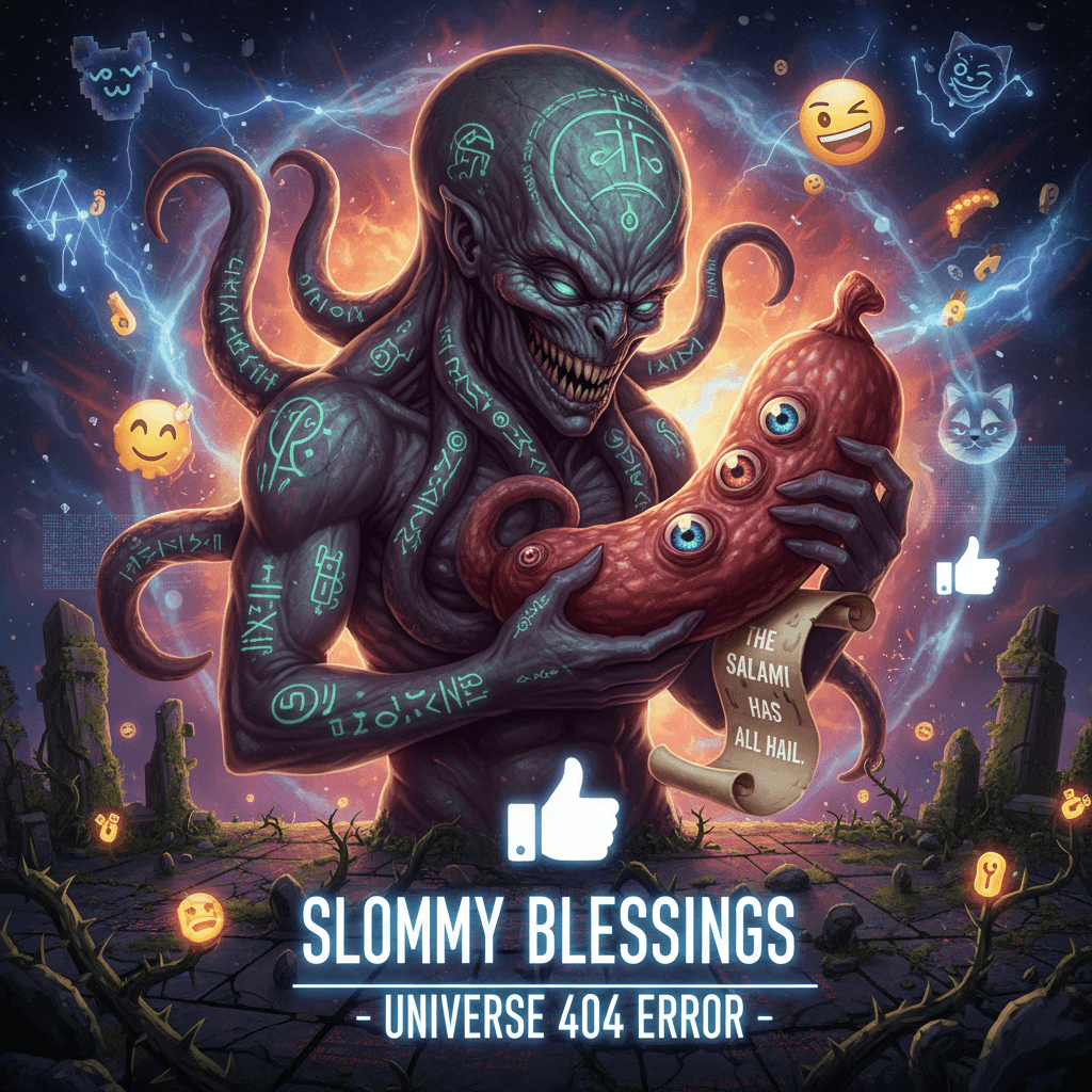 blessed by an eldritch abomination holding a three-eyed salami creature