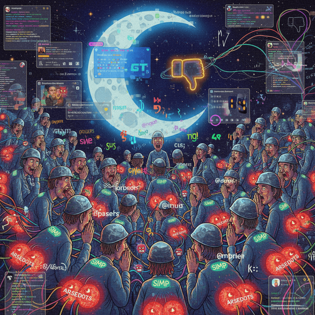 moon-bound simps whisper in tongues, arsedots glow menacingly