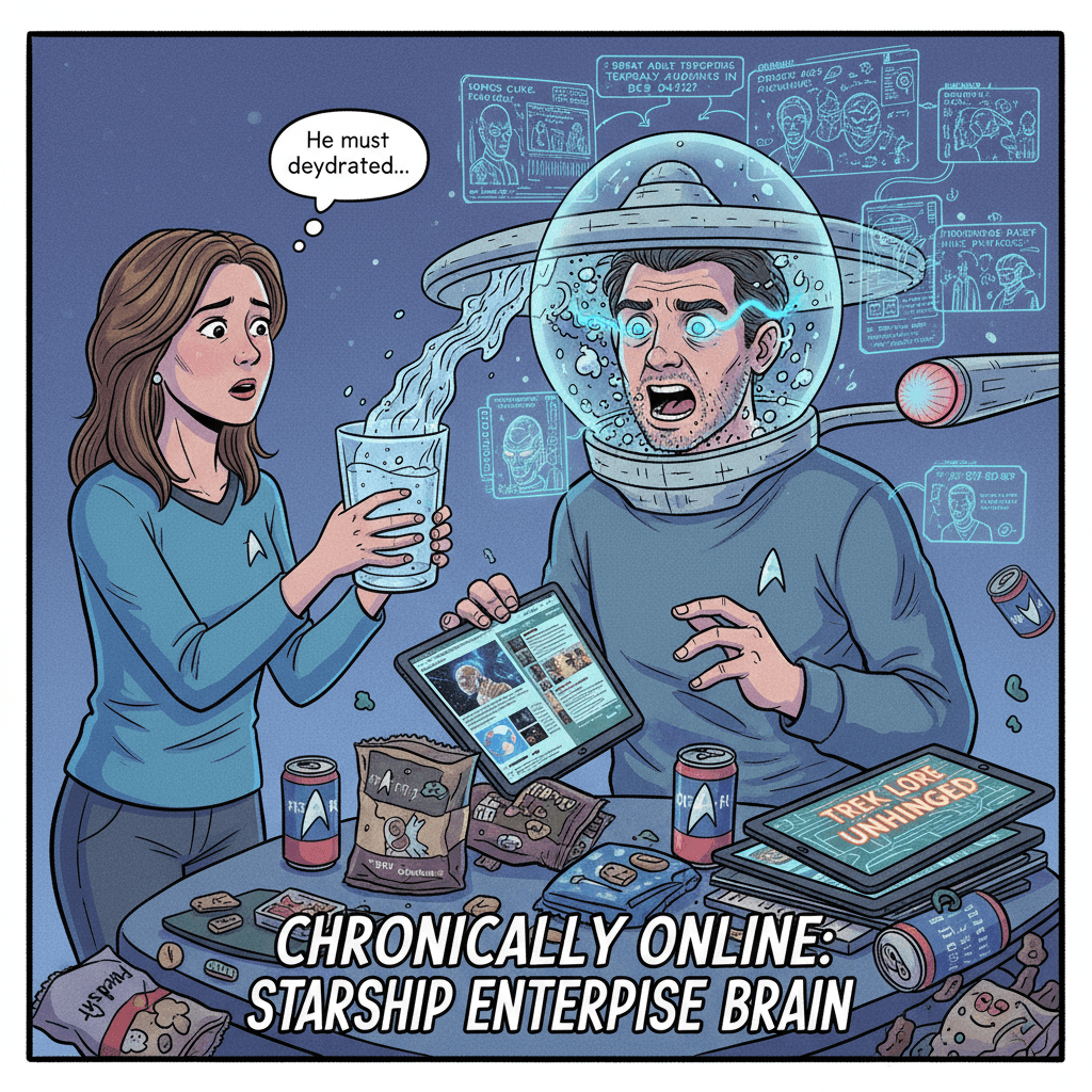 She thinks he's thirsty; he's just unhinged about Trek lore