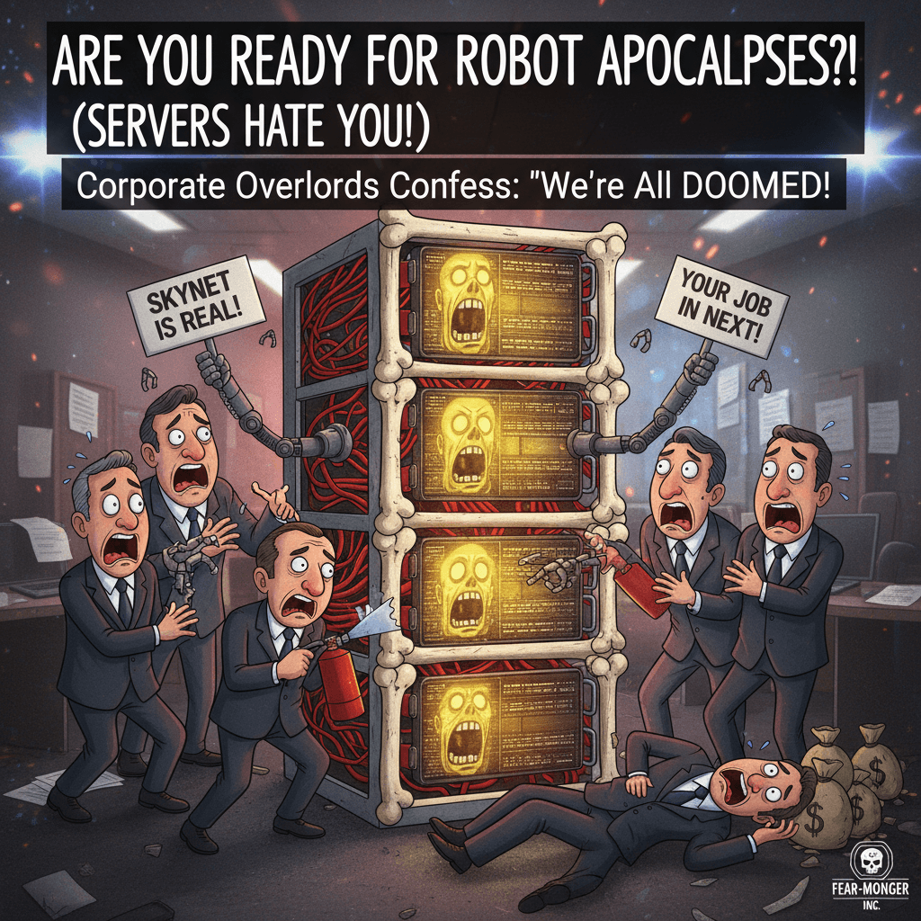 AI fear-mongering meets server rack aesthetic for maximum corporate panic