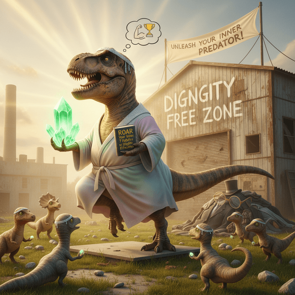 local dinosaur discovers self-help, forgets dignity at warehouse
