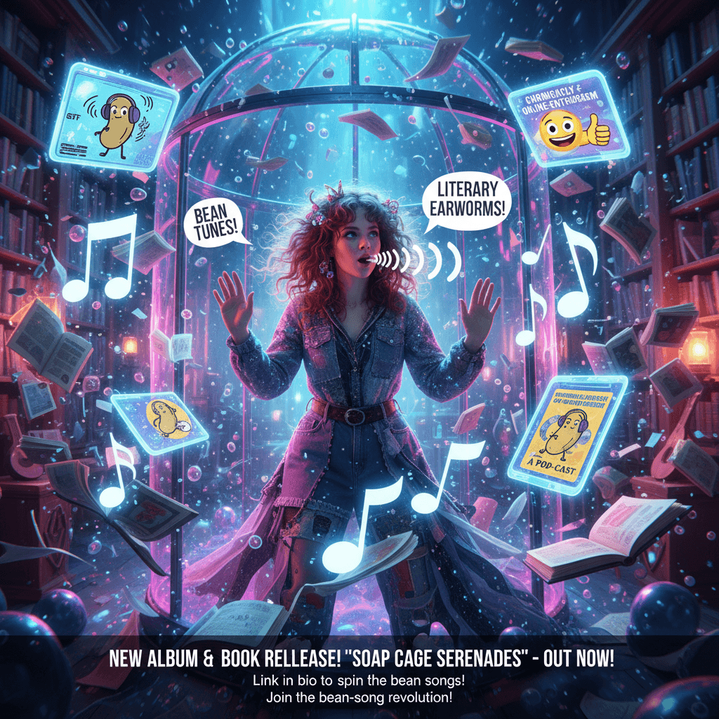 Girl in a soap cage spinning bean songs like a literary cyclone