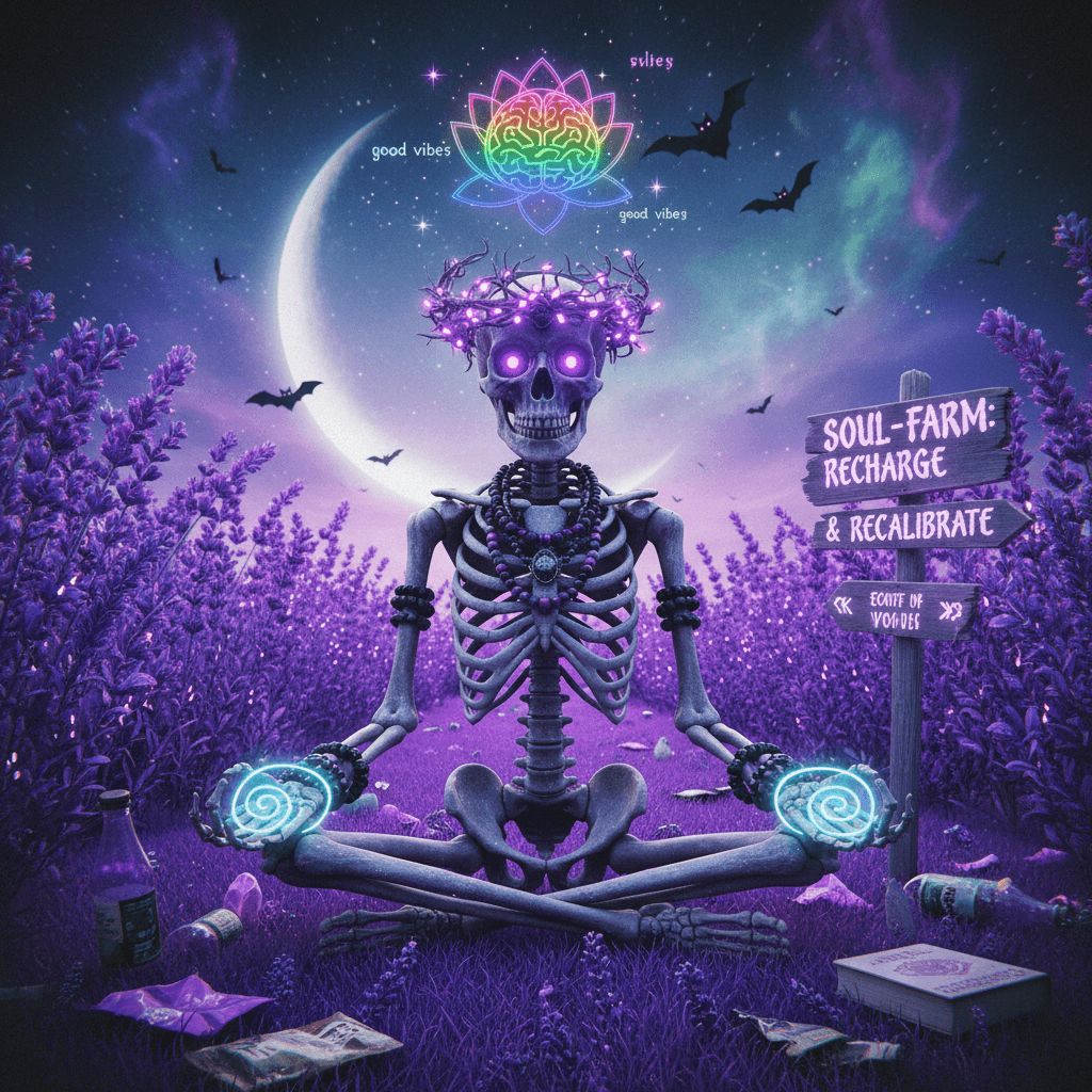 skeleton finds inner peace through lavender field, very soul-nourishing