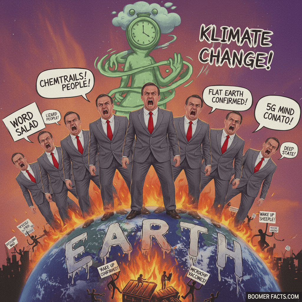 Eight identical men yell incoherently at climate while society burns