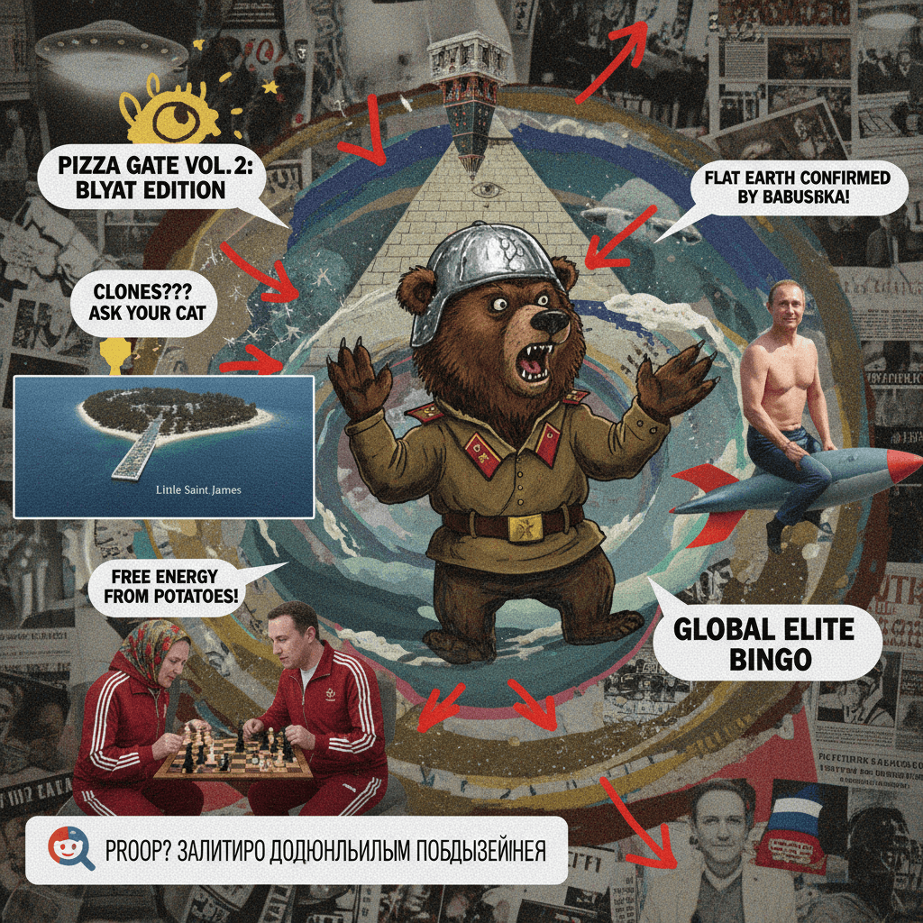 Unhinged Russian conspiracy post with zero credibility but maximum chaotic energy