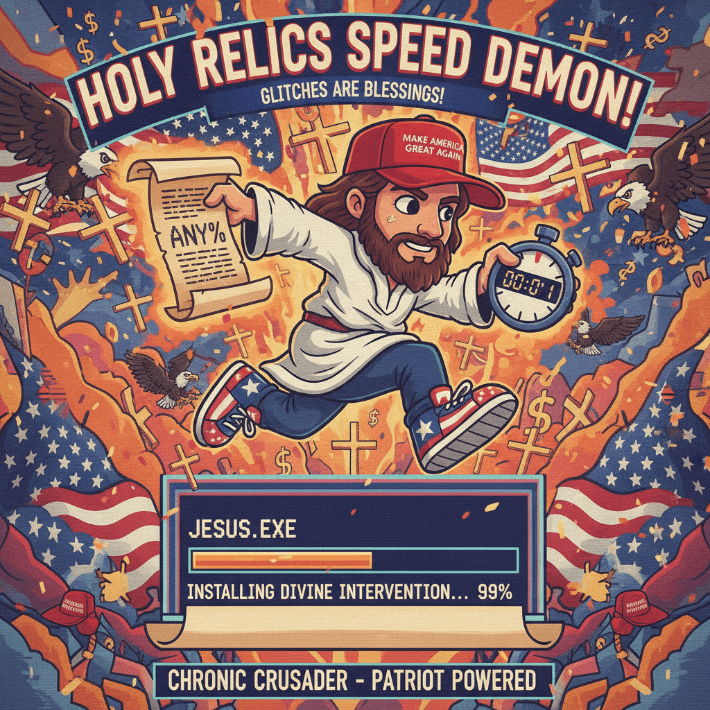 Jesus speedrun% any% with startup soundtrack and MAGA vibes