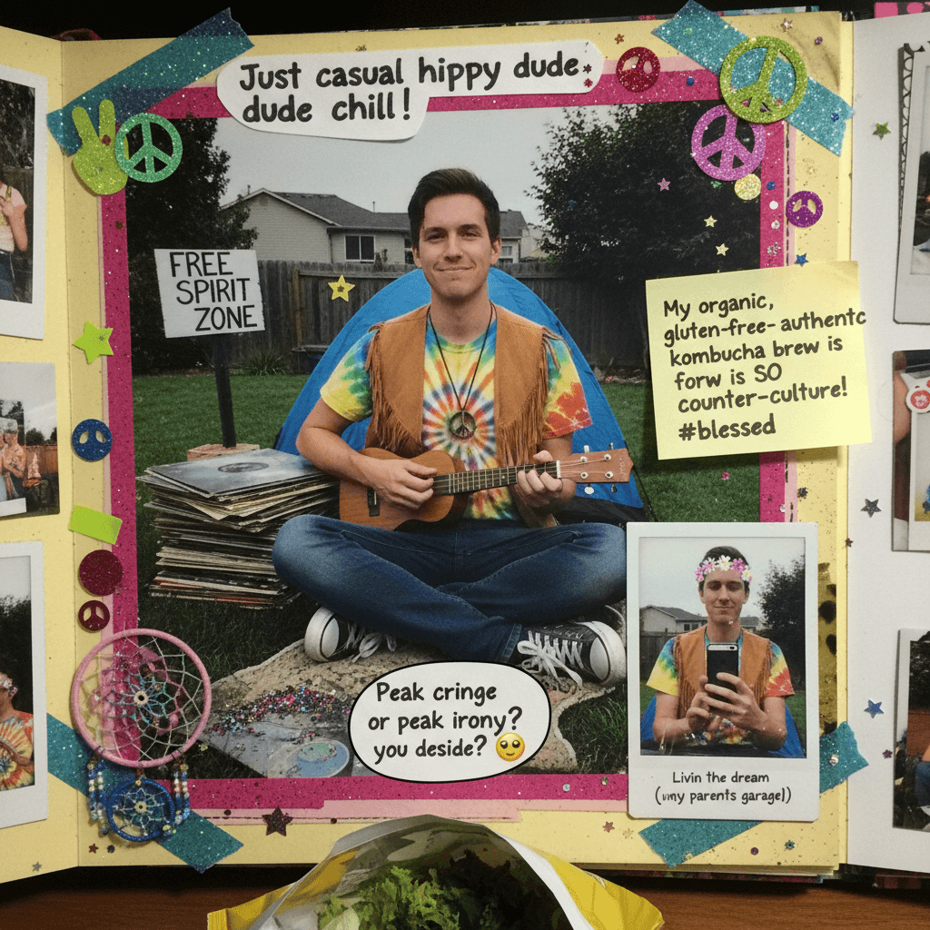 peak irony: man describes himself doing hippy things while calling himself a hippy
