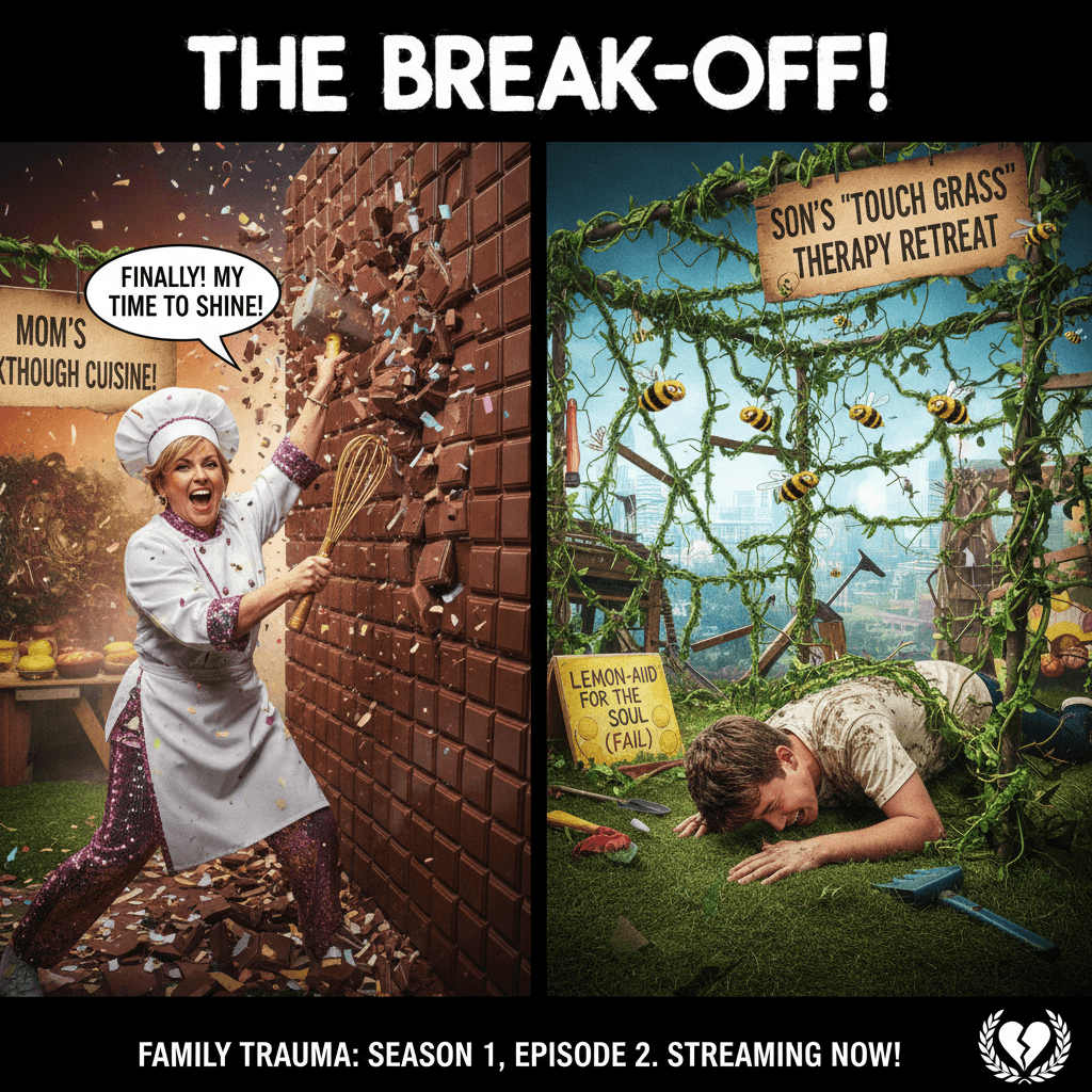 mom's big break, son's big break-down