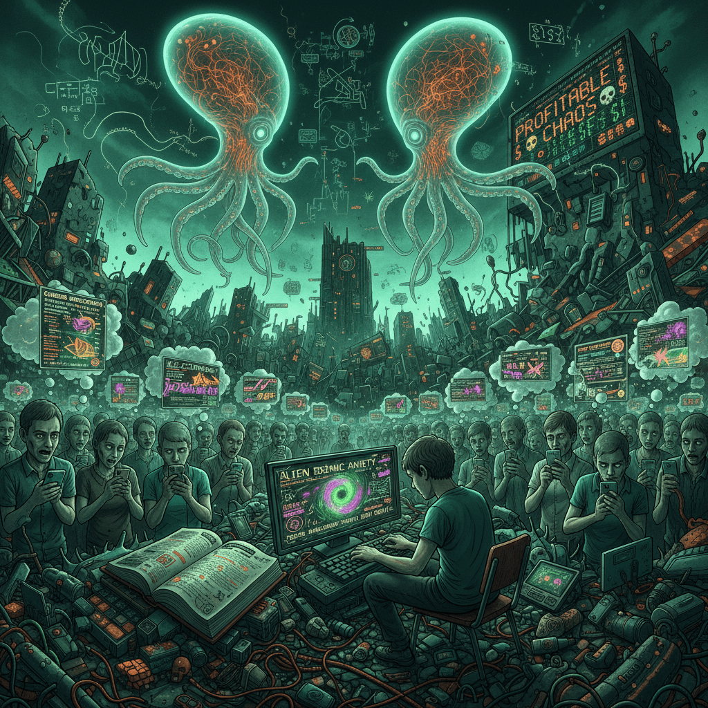 extraterrestrials steal thoughts while discourse collapses into profitable chaos