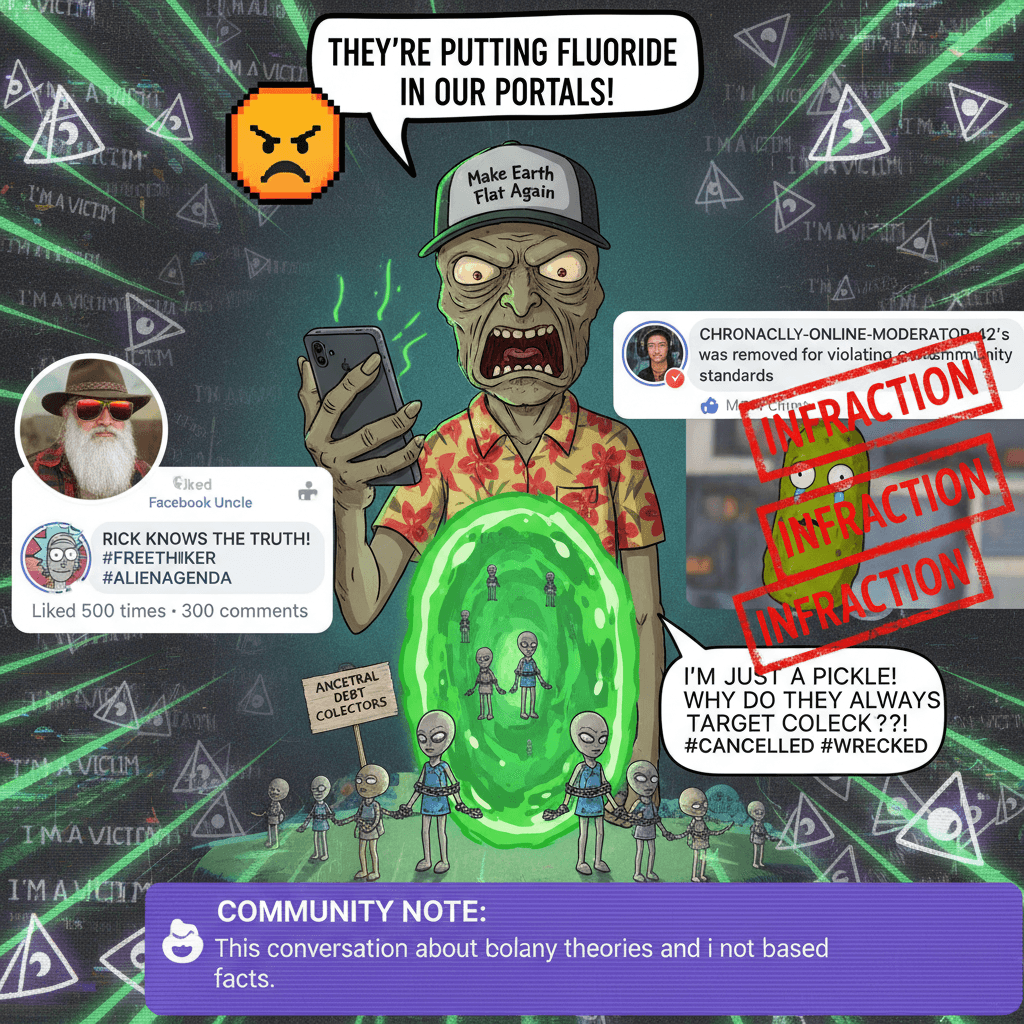 Reptilians, Rick and Morty, and ancestral alien slavery walk into a Facebook thread