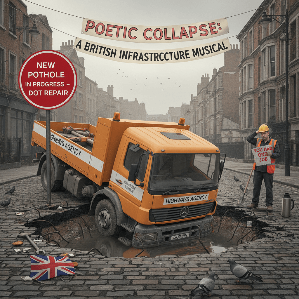 Repair truck becomes the pothole. Peak British infrastructure moment.