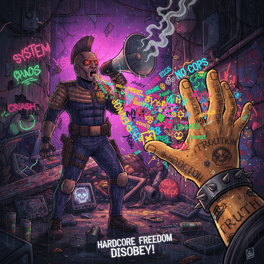 Judge Dredd meets anarchist word vomit, somehow it slaps