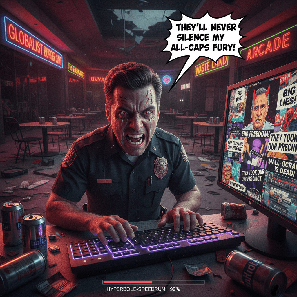 Mall cop doomposting hits different when you're this mad