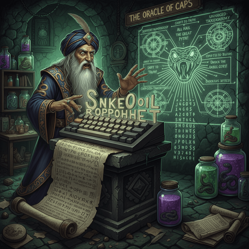 snake oil salesman discovers caps lock, invents secret code nobody asked for