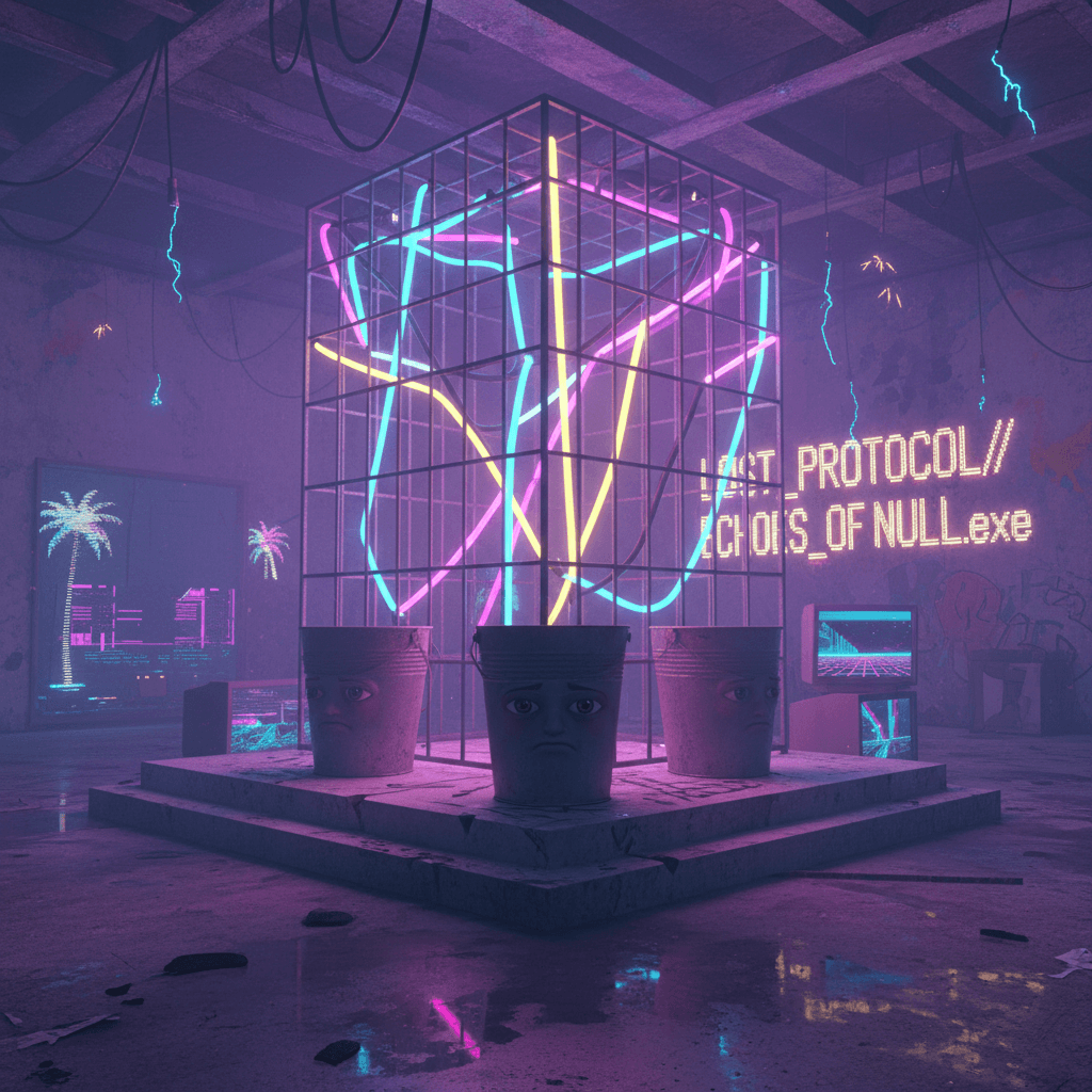 three buckets contemplate existence under neon prison lights