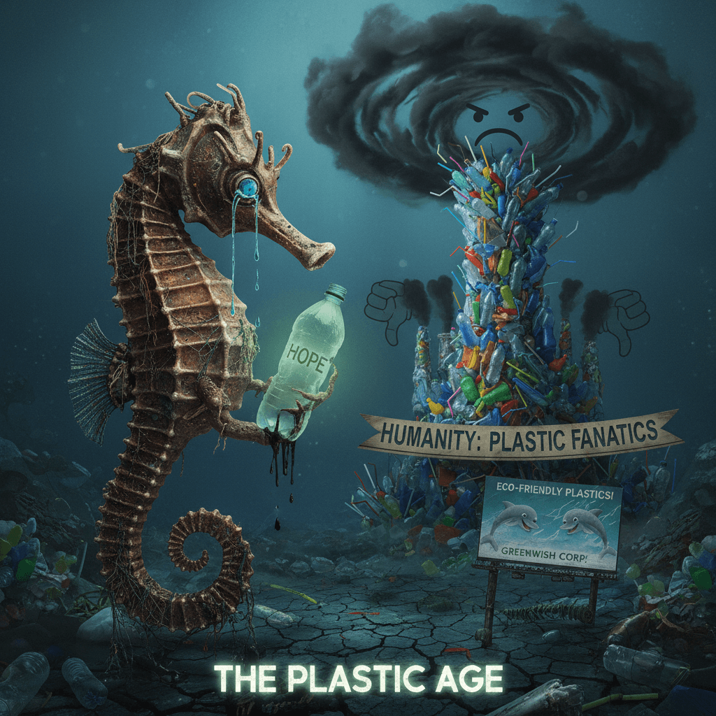 Sad seahorse clutches hope while humanity refuses to stop making single-use plastic