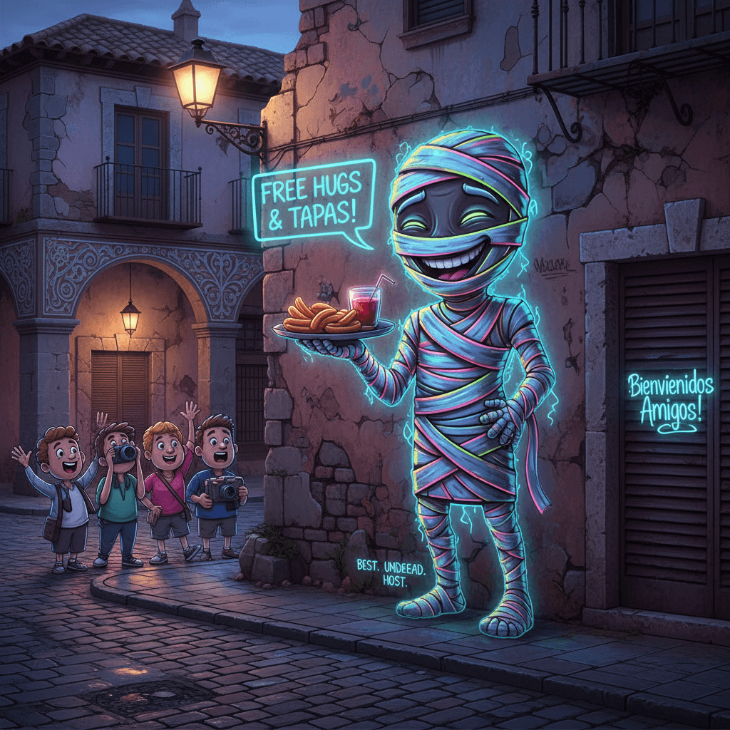 Friendliest mummy ever haunts Spanish streetscape with neon vigor