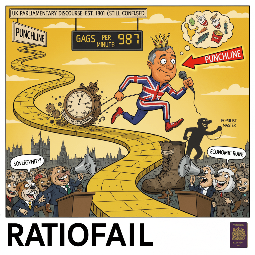 Farage speedruns the entire joke without realizing he's the punchline