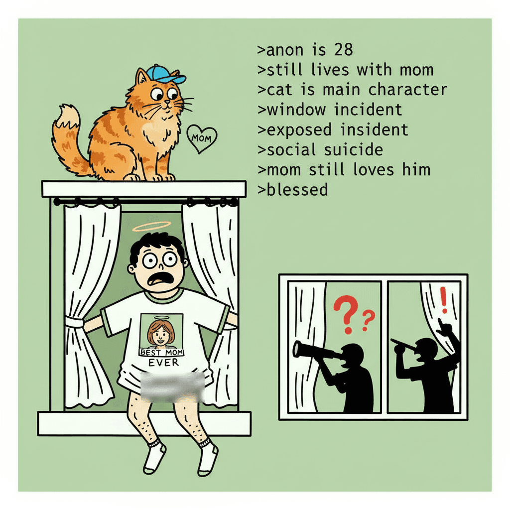 28yo meows from window, accidentally exposes himself to neighbors, loves mom anyway