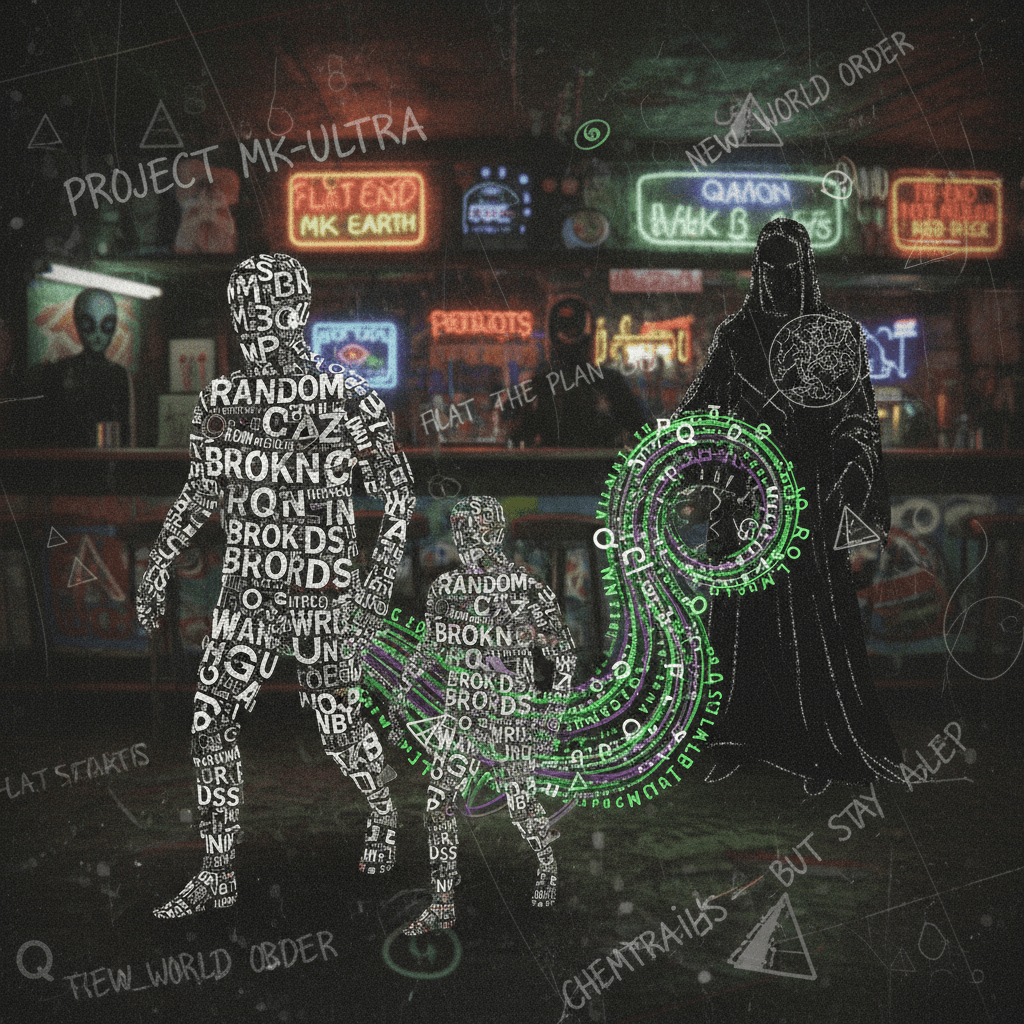 random caps and broken words walk into a bar, conspiracy follows