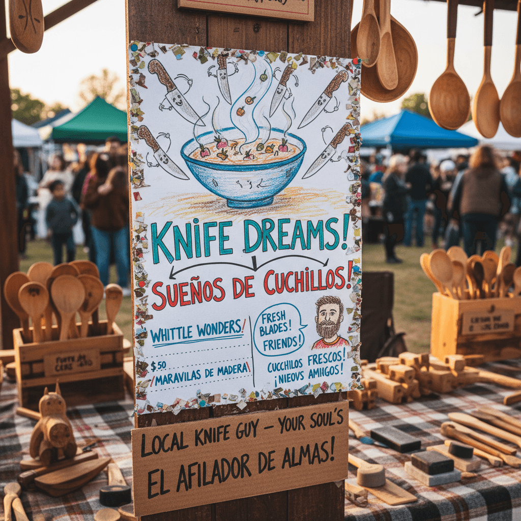 Local knife guy's fever dream flyer speaks both languages at a market