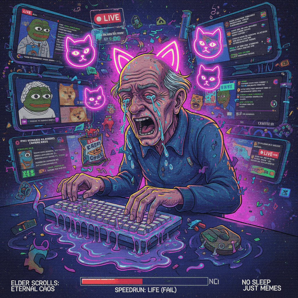 Grandpa speedruns internet culture with cat ears and existential dread