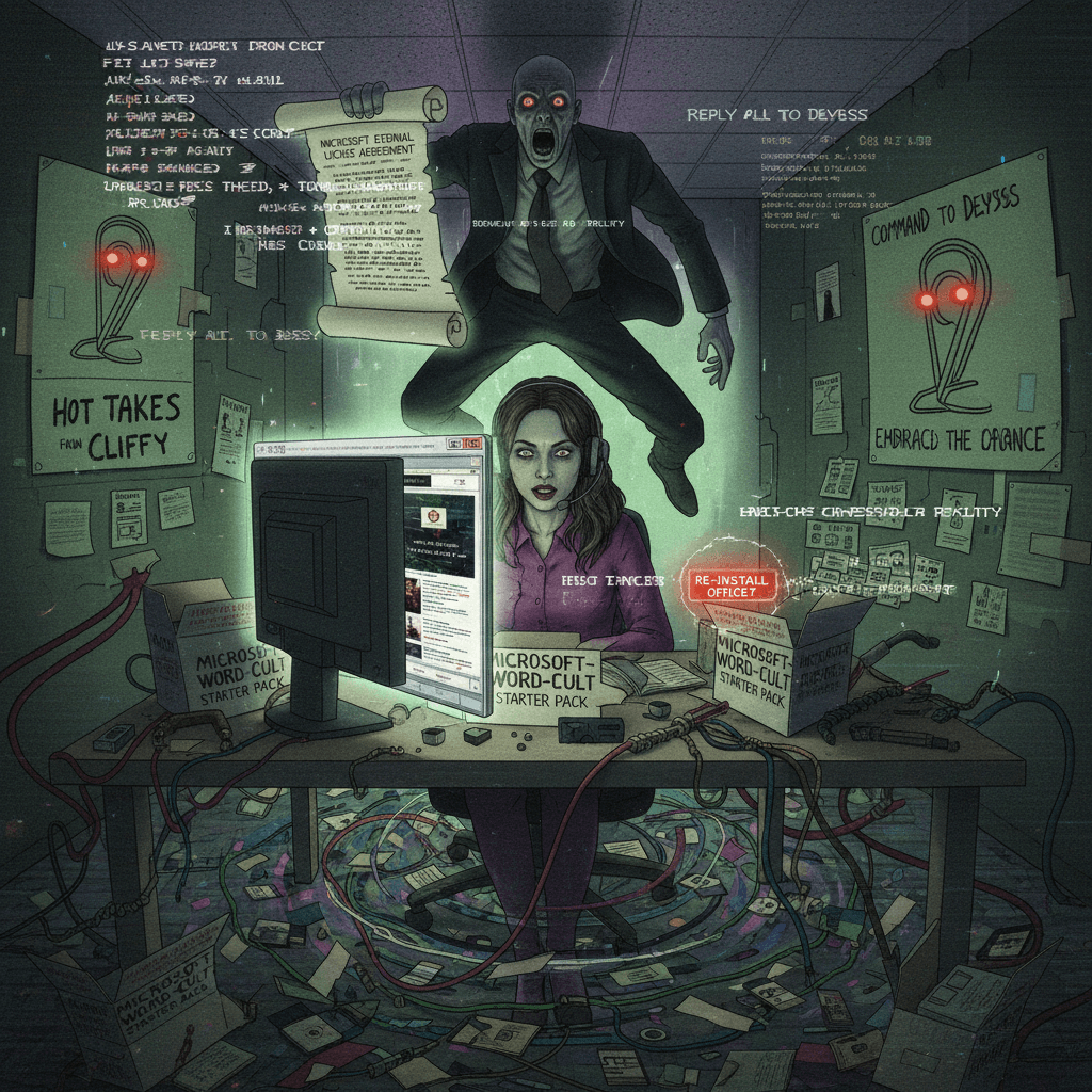 Woman uses Word as browser, narrator watches in silent existential dread