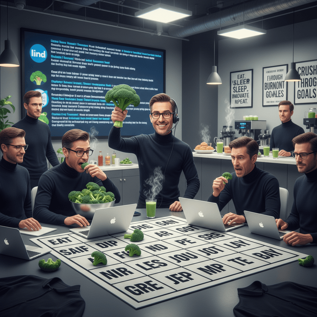 CEO startup bingo: black turtleneck energy meets steamed broccoli fantasies
