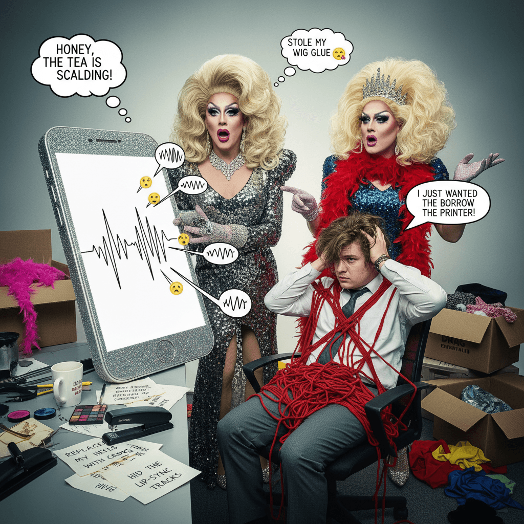 workplace sabotage allegations and cryptic drag queen wisdom via voice note