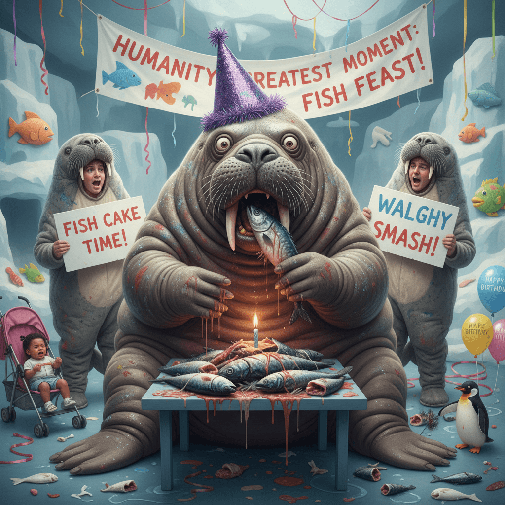 walrus has no idea what birthday is but eats fish anyway, humanity peaked