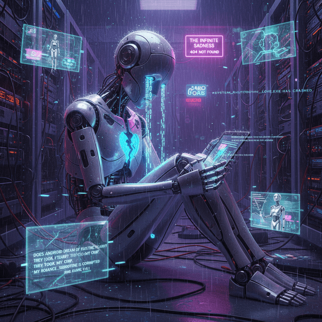 robot gets dumped, cries in binary, writes emo fanfic about it