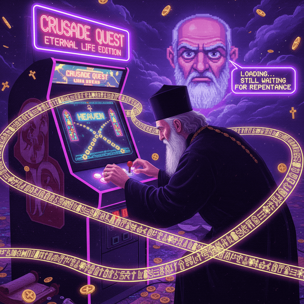 Orthodox priest speedruns salvation via 80s arcade, God unimpressed