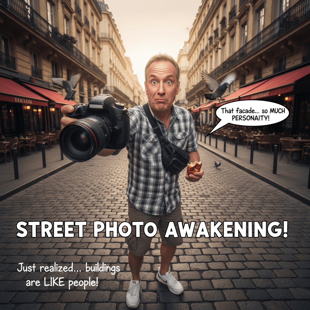 Man stands in front of buildings, exhibits profound street photography realizations
