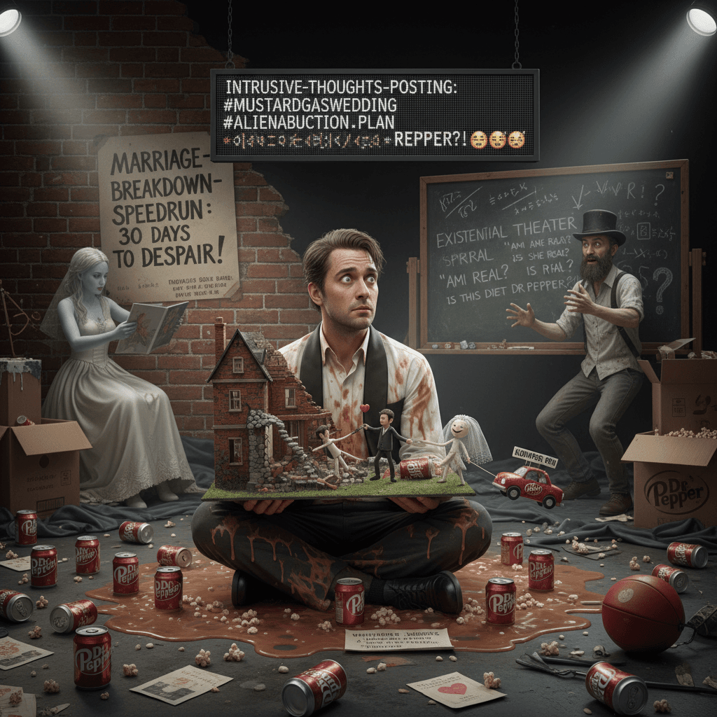 man sits in diet dr pepper puddle, fantasizes about kidnapping, questions reality