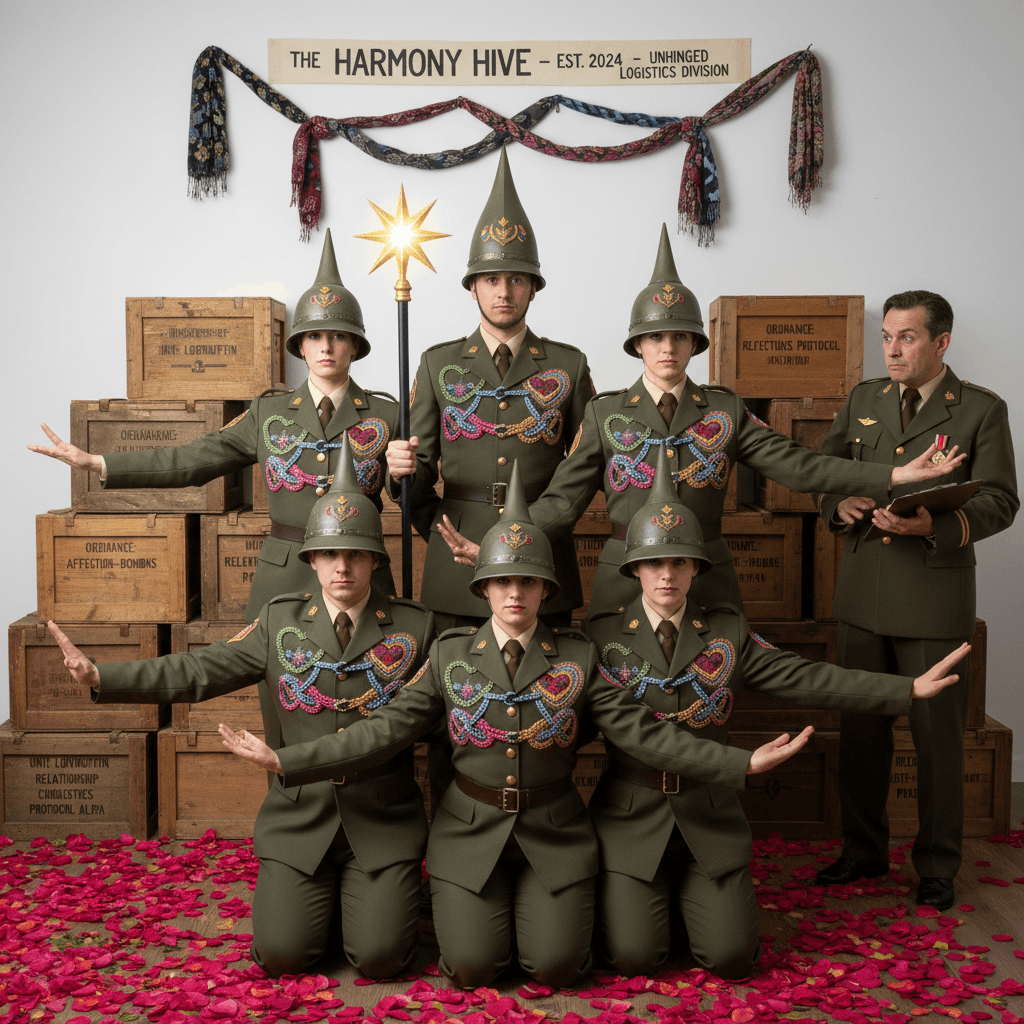 polycule arranges themselves like a cult at military inspection