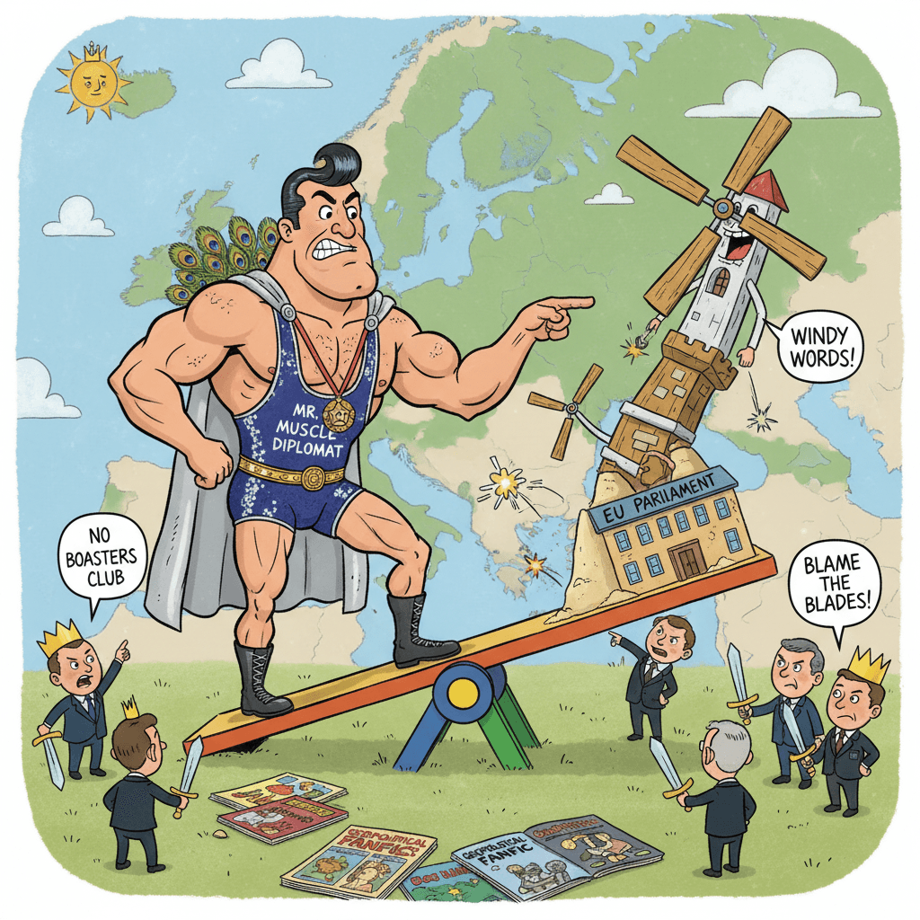 Big strong man says EU leaders act tough without him, blames windmills