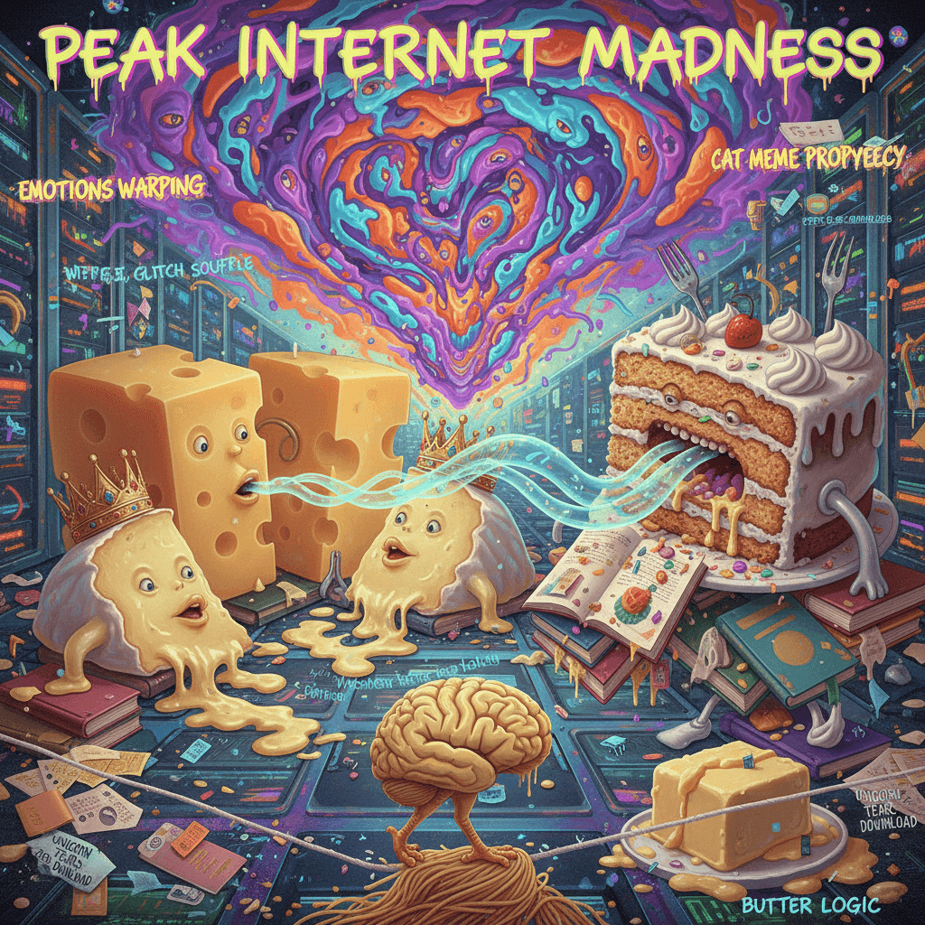 cheese whispers, cake eats homework, emotions warp—peak internet madness