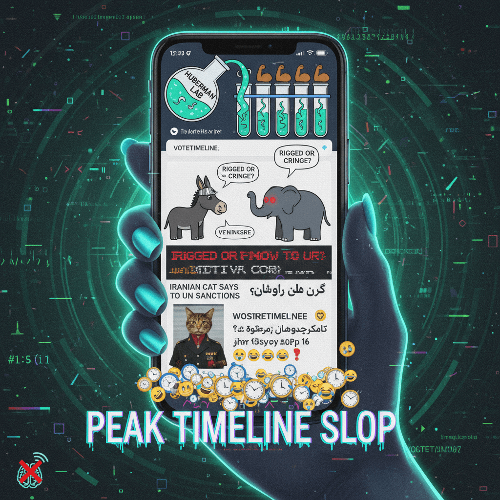 Huberman's sperm takes, obscure election memes, Iran news: peak timeline slop