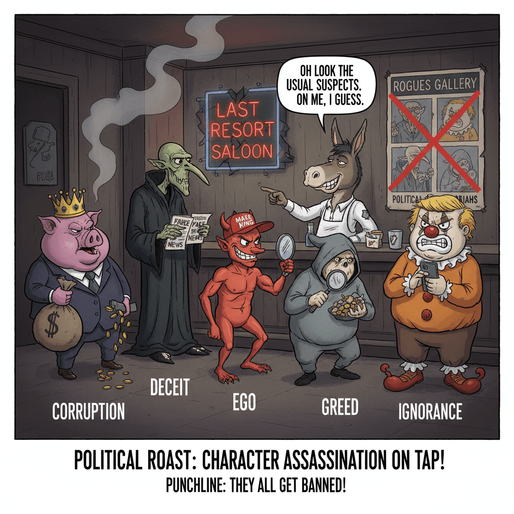 Five character flaws walk into a bar, bartender knows them all