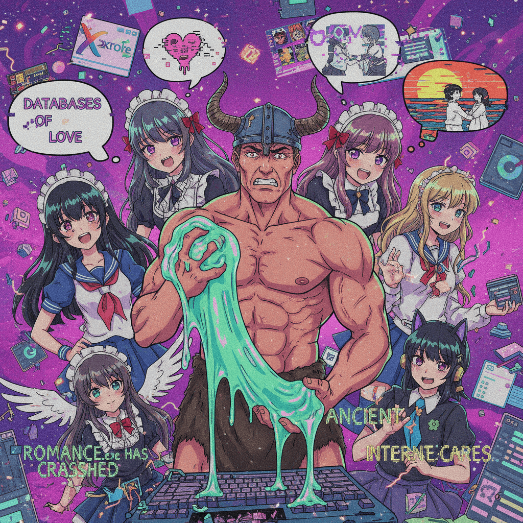 Barbarian holds slime while anime girls contemplate romance—peak internet archaeology