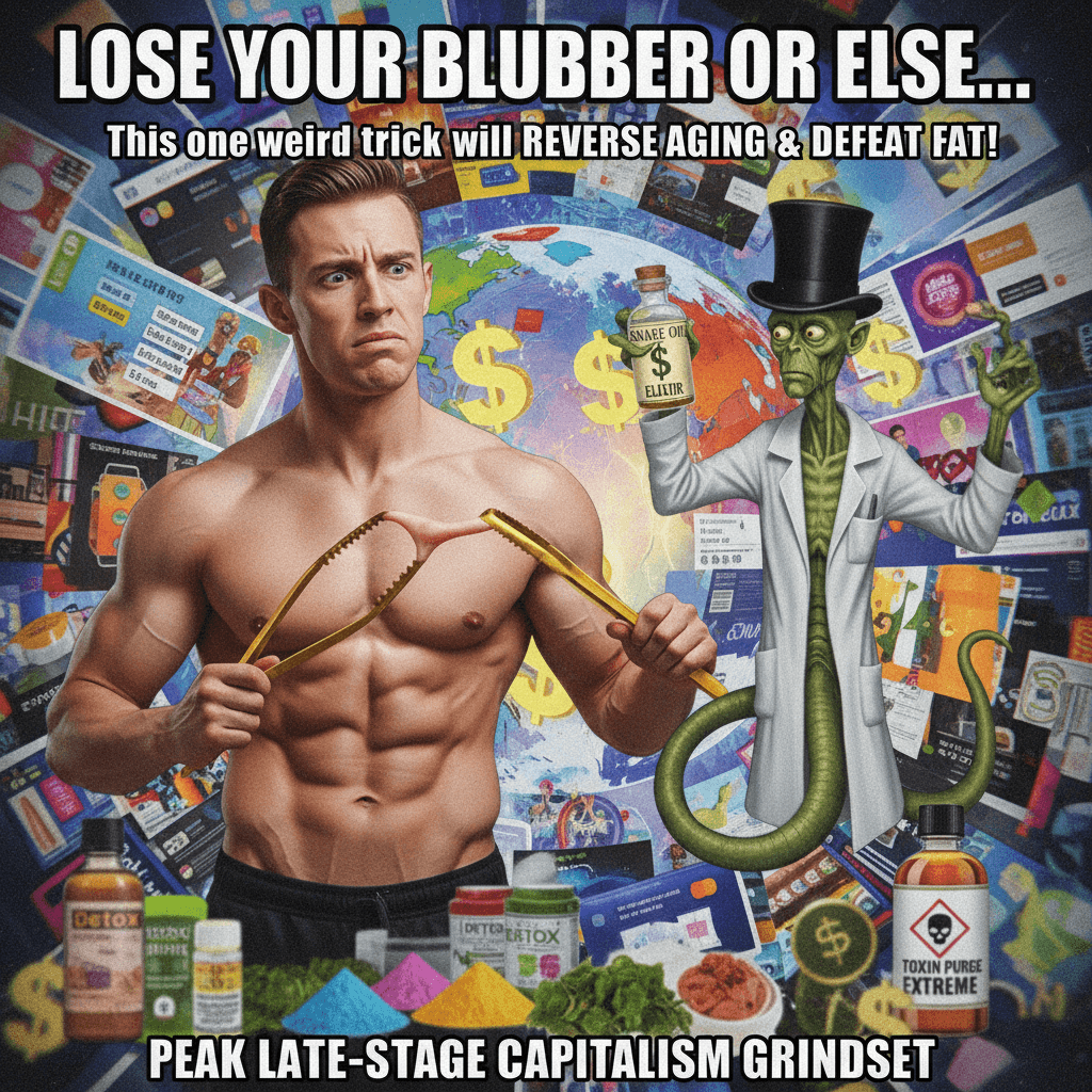 Pinch your belly fat to sell snake oil—peak late-capitalism energy