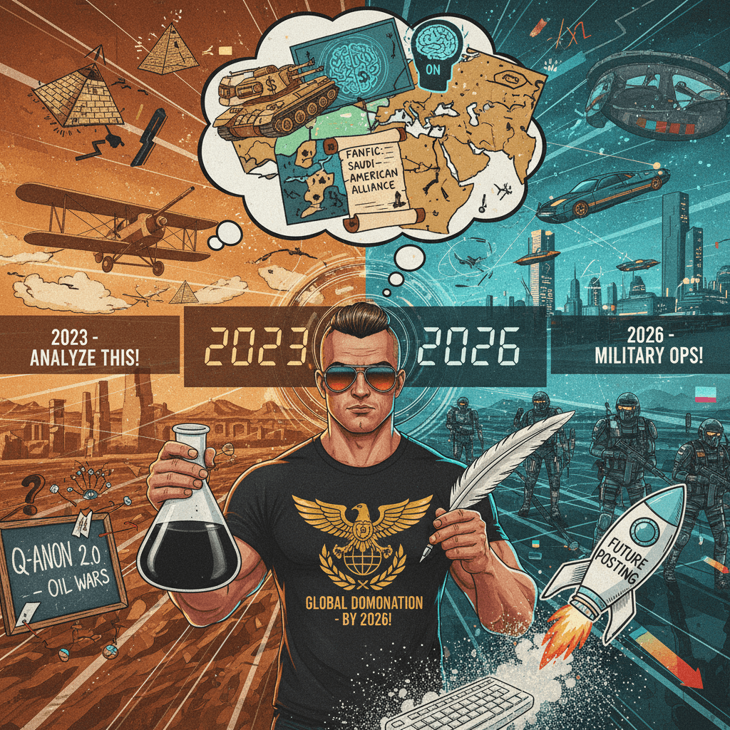 broke: drugs. woke: writing 2026 military fiction in 2023 as political analysis