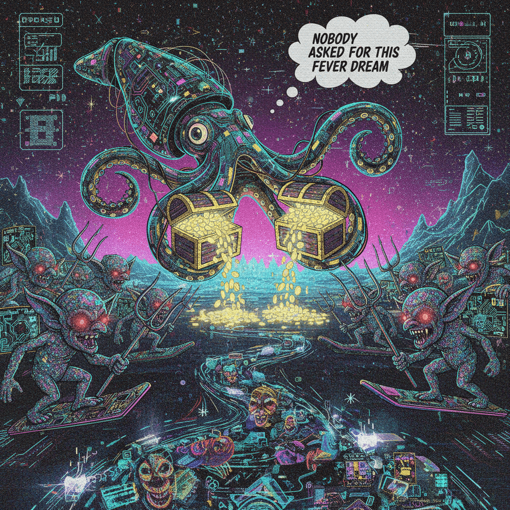 glitter goblins meet greedy squid in an electric fever dream nobody asked for