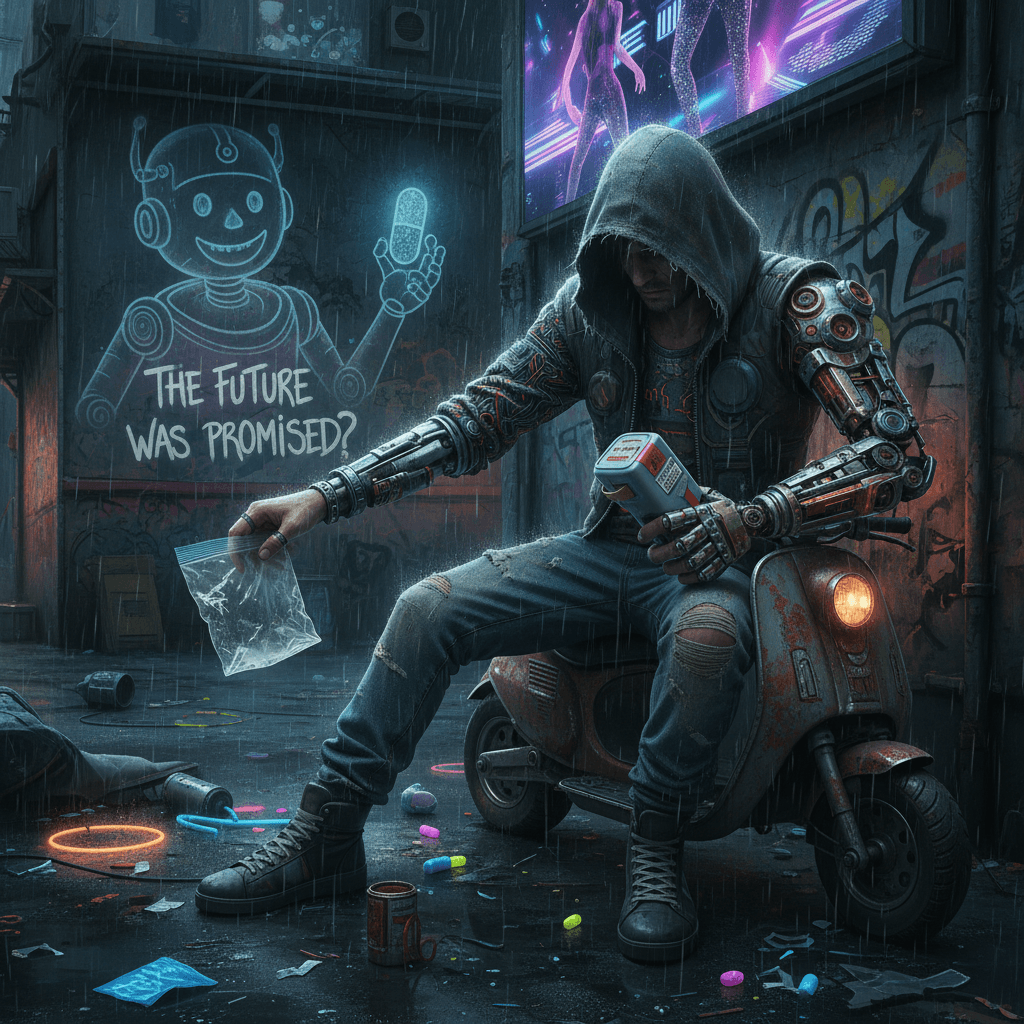 Mad that the future didn't come with free club drugs and chrome limbs